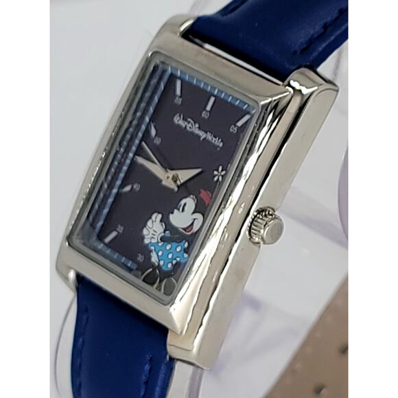 Vintage Disney Minnie Mouse Rectangular Wristwatch with Blue Leather Strap